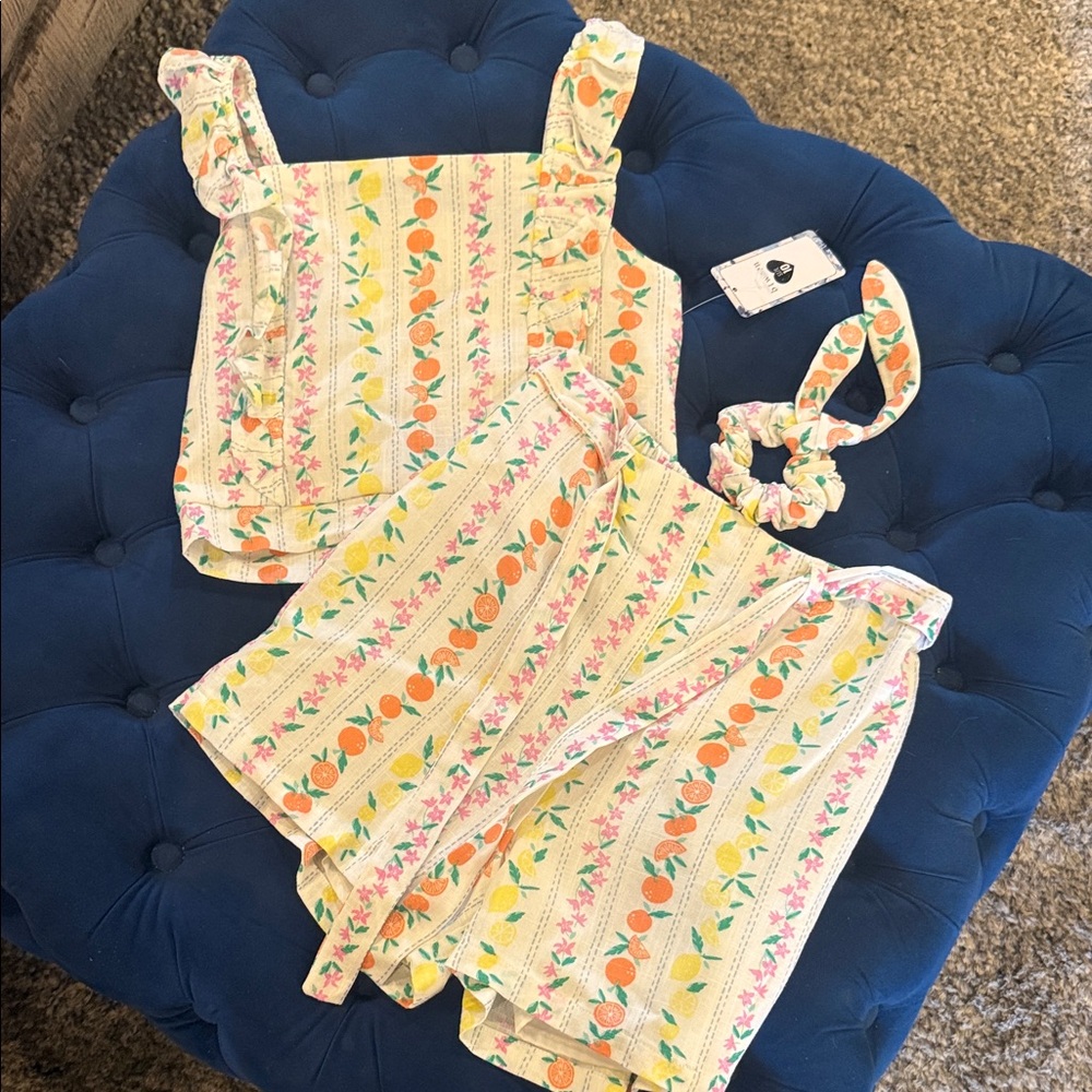 Two-Piece Fruit Print Tank & Shorts Set with Hair Scrunchie